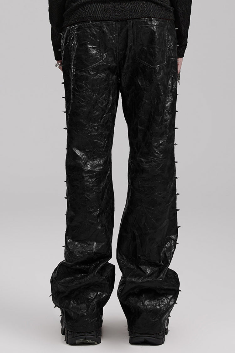 Jet Studded Pleated PU Leather Steampunk Trousers for Men