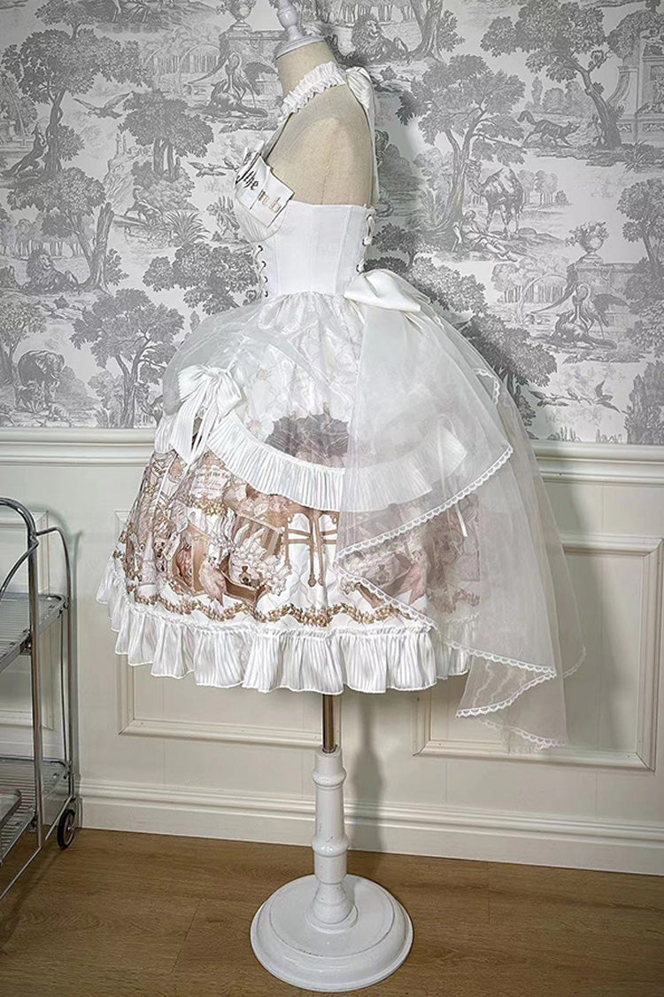 White Halterneck Print Bowknot Drawstring Gothic Lolita Dress