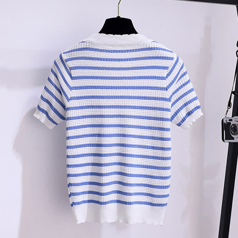 Blue Stripe Knitted T-Shirt High Waist Denim Skirt