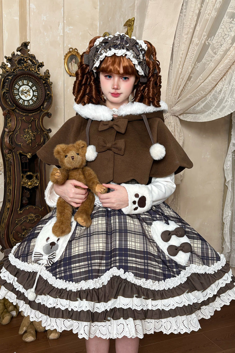 Brown Long Sleeves Triple-Layered Printed Ruffled Bow Sweet Lolita Jsk Dress Set