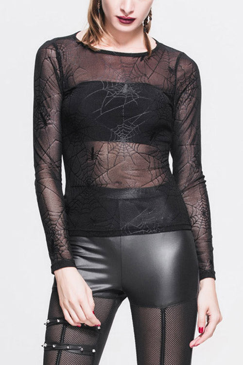 Noir Gothic Mesh Tee with Spiderweb Pattern and Round Collar