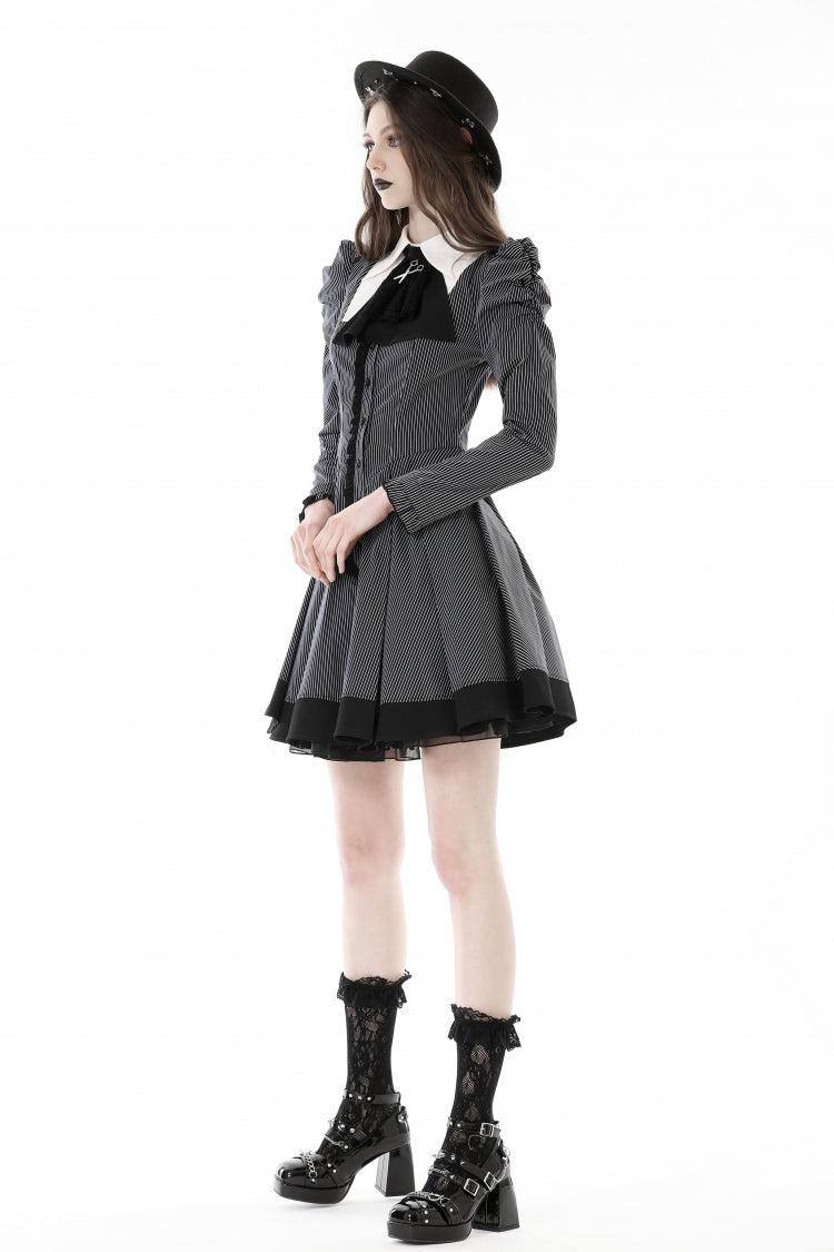 Black/White Notch Collar Puff Sleeve Gothic Striped Preppy Dress
