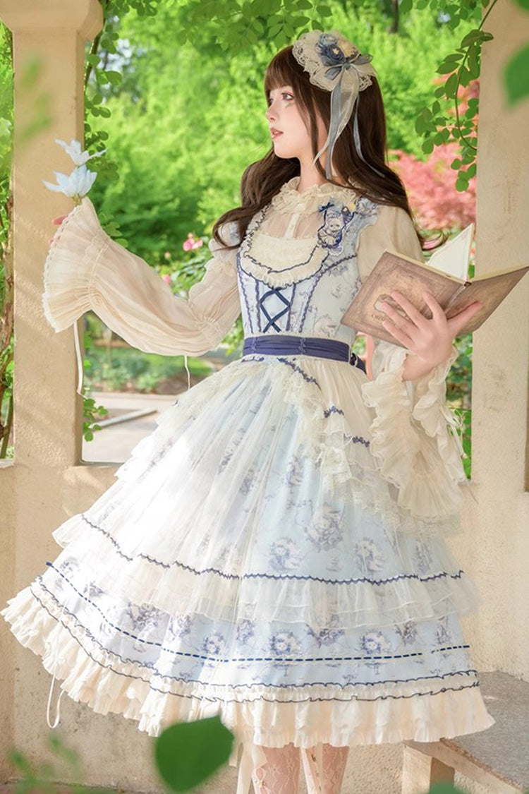 Swing Cat Print Ruffled Bow Lace Sweet Elegant Lolita Jumper Dress