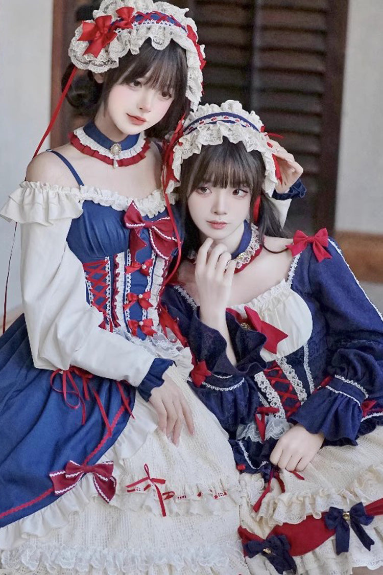 White-Blue Long Sweet Lolita Ruffle Cardigan Bowknot Dress