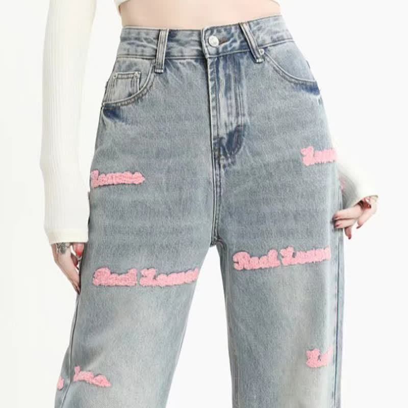 Pink Halter Top Laple Loose Shirt Letter Embroidery Denim Pants