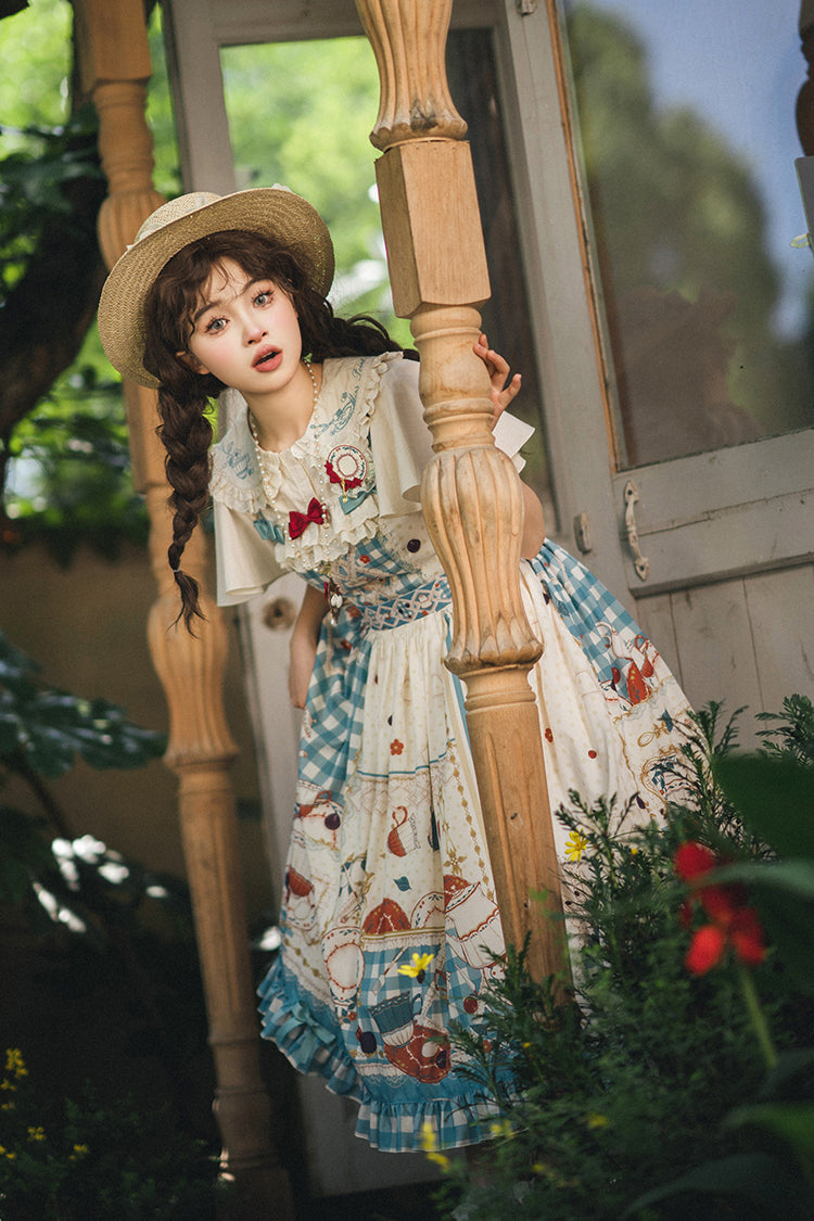Tea Party Print Ruffle Bowknot Elegant JSK Dress
