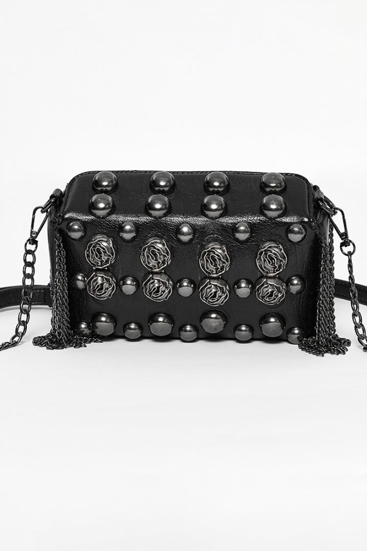 Gothic Faux Leather Clutch with Beaded Rose & Rivet Detail