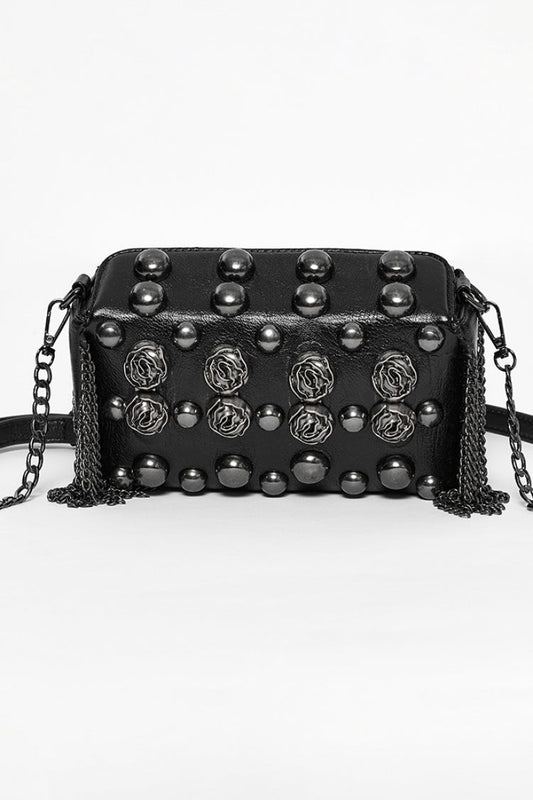 Gothic Faux Leather Clutch with Beaded Rose & Rivet Detail