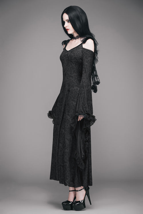 Gothic Oversized Cuffs Stretchy Floral Off-Shoulder Hooded Maxi Dress
