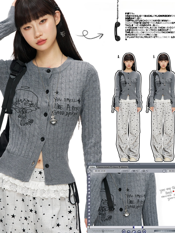 Grey Manga Girl Embroidery Slim-fit Cardigan