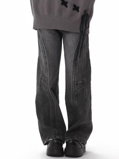 Dark Gray Distressed Faded Wash Wide-Leg Jeans