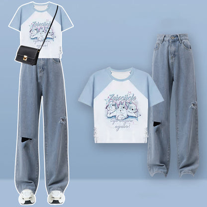 Rabbit Letter Print T-Shirt Pocketed Cargo Pants