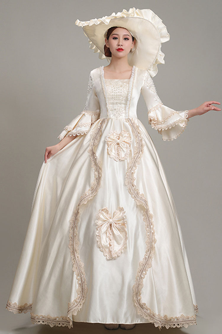 Champagne Victorian Dress with Bow and Floral Embroidery - Altfashion Shop