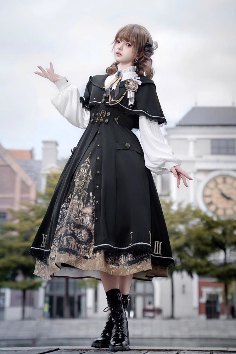 Long Sleeves Printed Embroidered College Style Gothic Vintage Lolita Dress Three-Piece Set - Dragon’s Aria