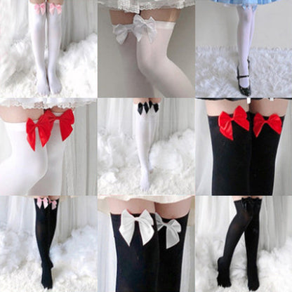 Bow Decor Pure Color Lolita Stockings