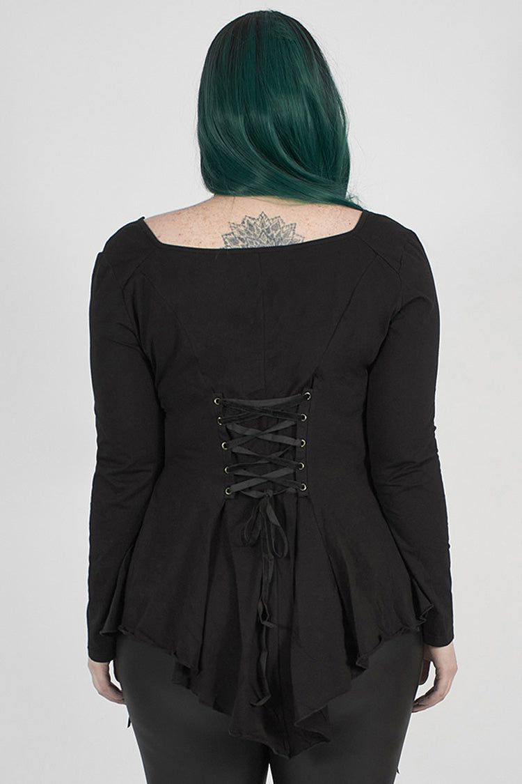 Plus Size Gothic Tee with Round Collar & Back Lace-Up Frill