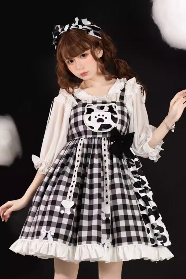 Monochrome Sweet JSK with Plaid, Cow Print, Bow, and Cat Claw Motifs