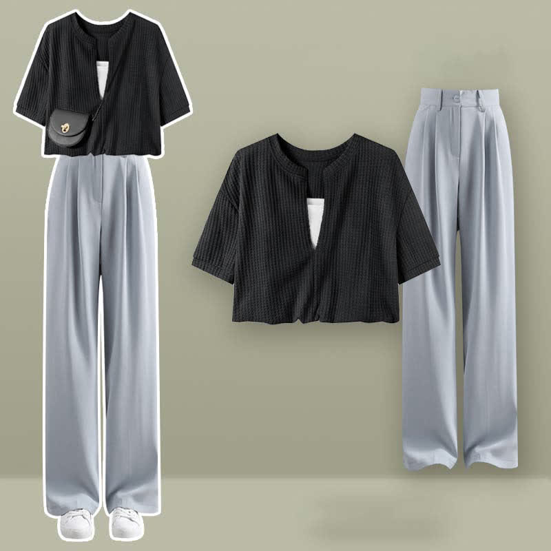 Fake Two Pieces Crop Top T-Shirt Casual Pants Set