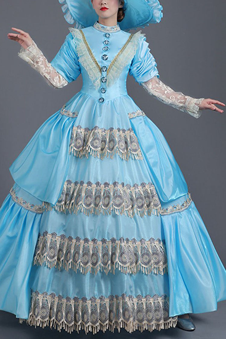 Blue Victorian Lace Dress with Floral Embroidery - Altfashion Shop