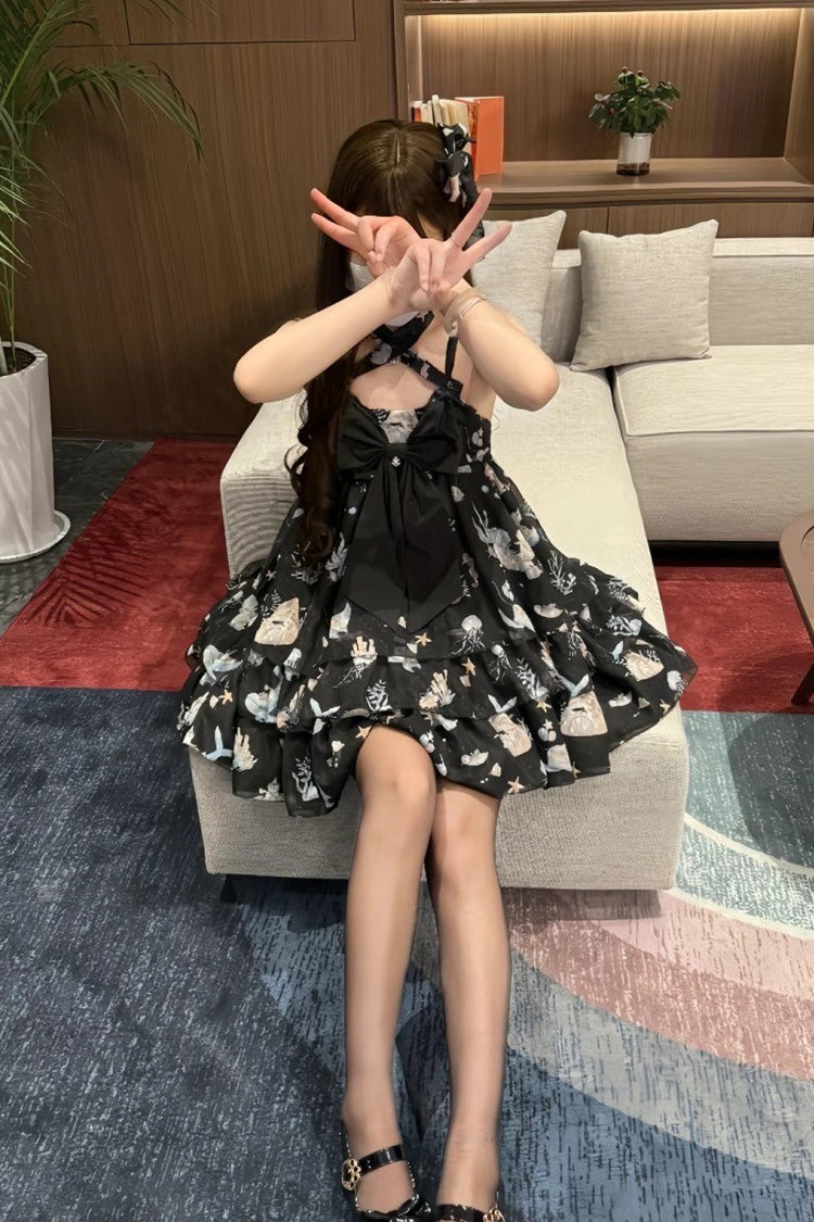 Ocean Sweetheart Halterneck Sleeveless Triple-Layered Printed Ruffled Bow Lace Sweet Strap Dress