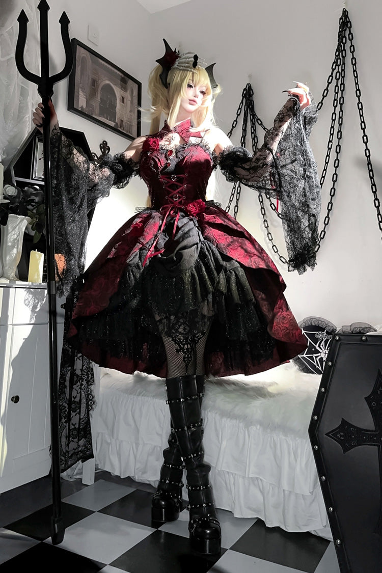 Crimson Rose Dish Ruffled Cardigan Bow Lace-Up Gothic Lolita Jumper Dress