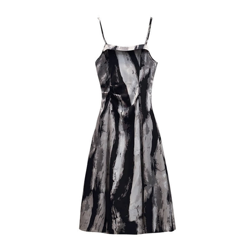 Elegant Black Short Cardigan Ink Painting Print Slip Dress