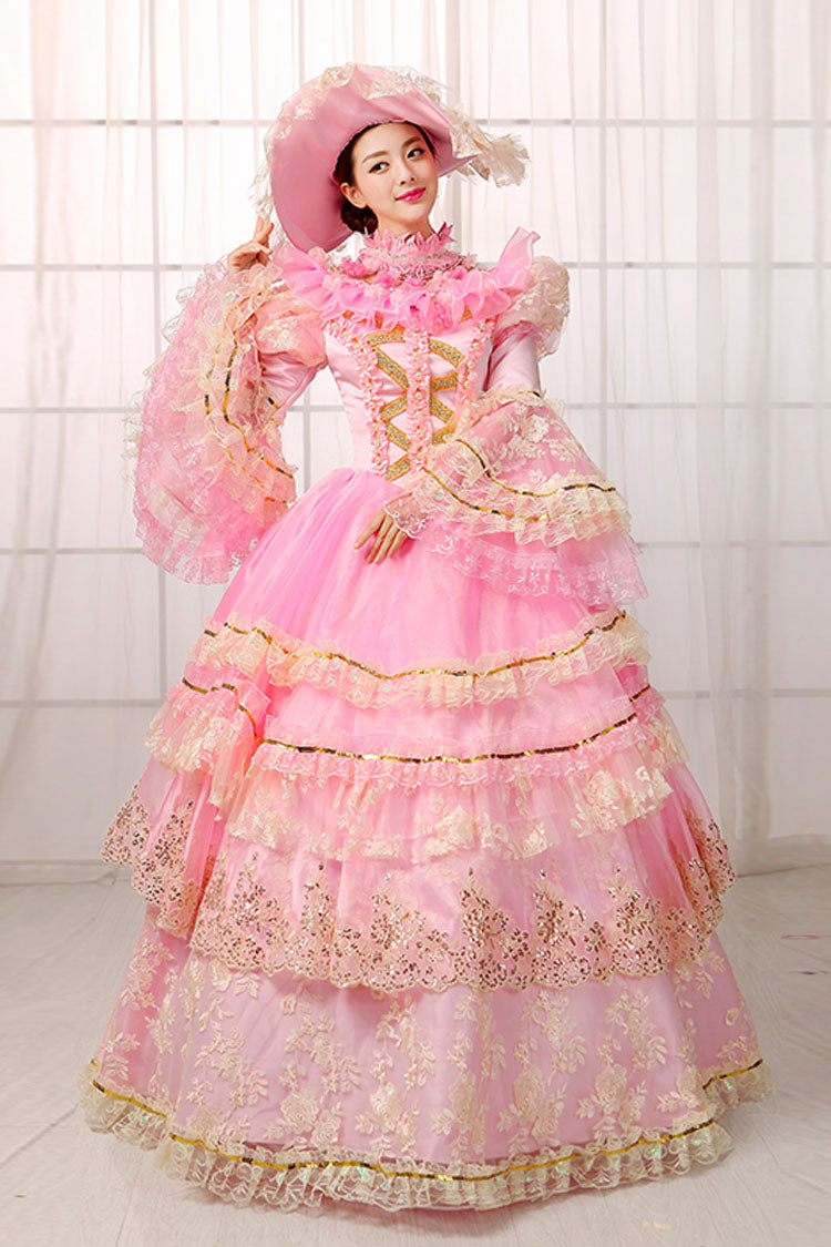 Pink Floral Embroidered Victorian Dress with Bell Sleeves - Altfashion Shop