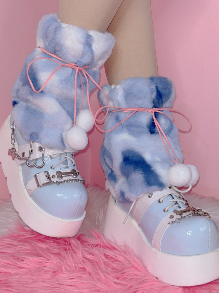 Blue White Yume Kawaii Pompons Detail LegWarmers