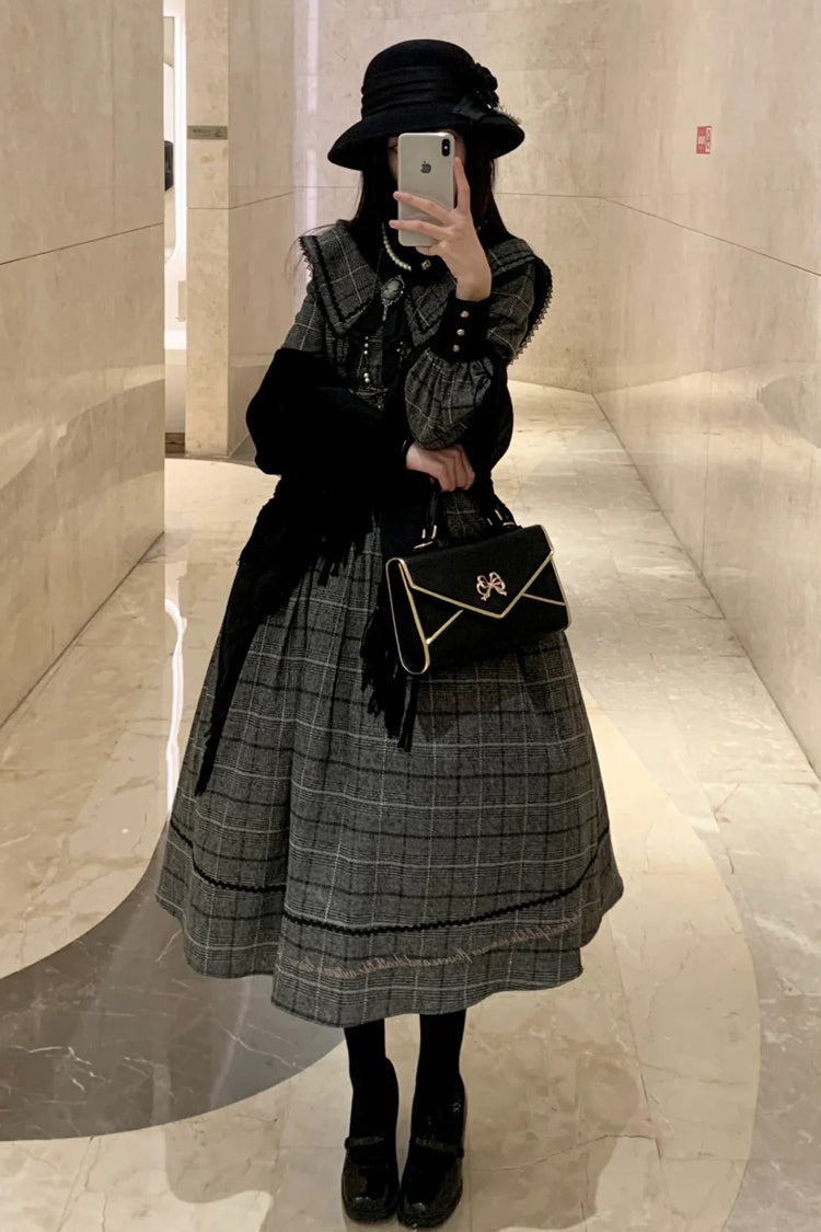 Ash Plaid Bowknot Elegant Sweet Lolita Gown with Long Sleeves