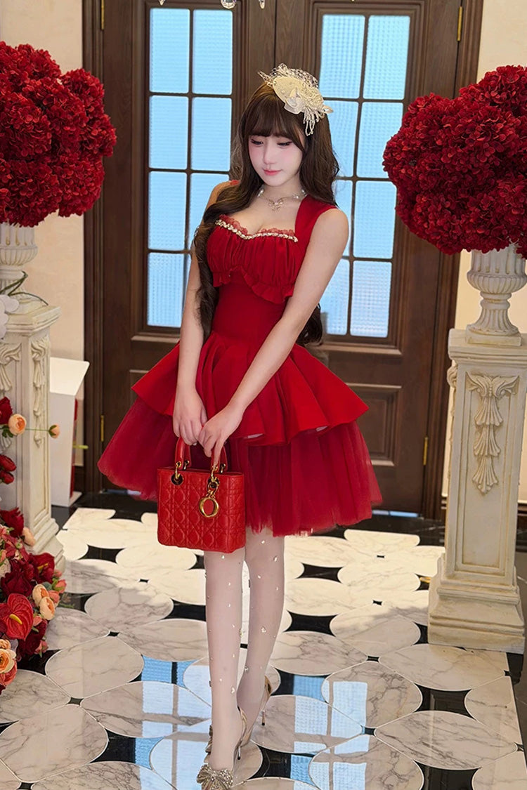 Crimson Romantic Rose Square Neck Sleeveless Ruffled Classic Ballet Lolita Gown