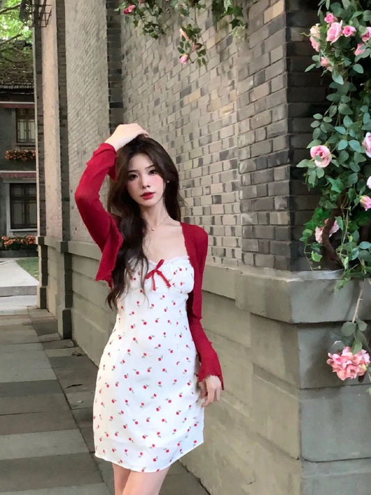 Red Sweater White Cherries Dress Outfit ON965