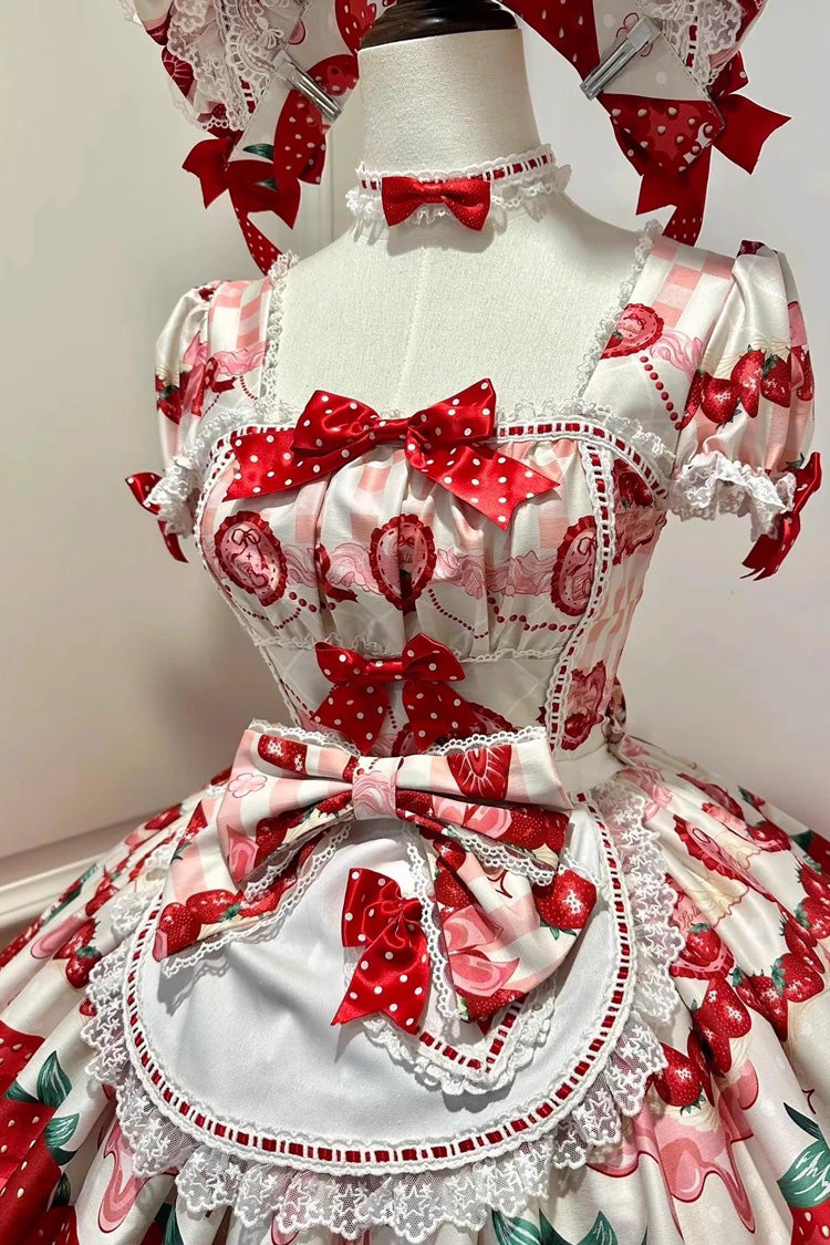 Dream to Strawberry Print Short Sleeve Ruffled Bow Lace Sweet Lolita OP Dress - 4 Colors