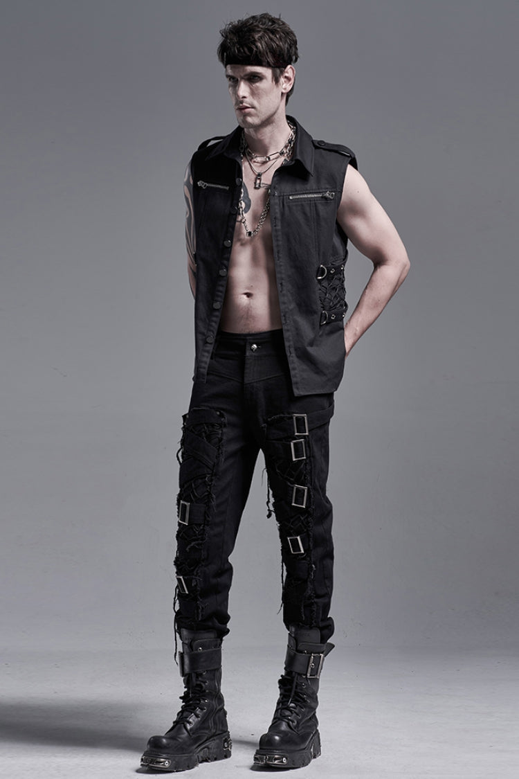 Ripped Gothic Pants with Bandage and Hollow Stitching