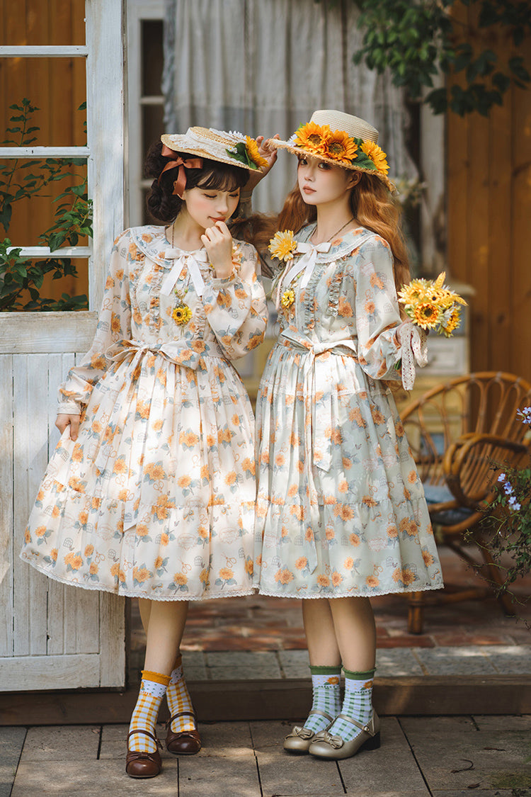 Apricot Sunflower Long Sleeve Floral Bow Elegant Lolita Dress