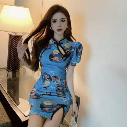 Charming Blue Floral Buckle Split Cheongsam Dress