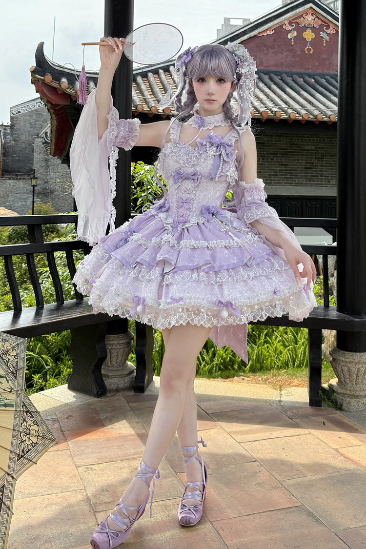 Purple [Prelude of Spring Cherry] Square Collar Sleeveless Multi-Layered Jacquard Ruffled Bow Lace Pearl-Decorated Sweet Lolita Jsk Dress