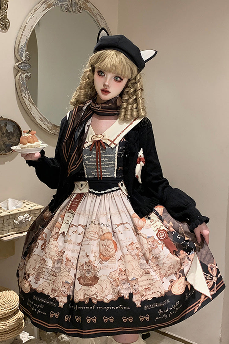 Black Fox Print Square Collar Bowknot Classic Lolita Jumper