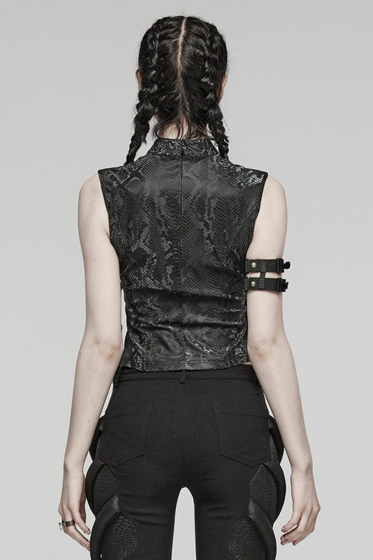 Snake Print Metal Ring Hollow Steampunk Vest - Black Victorian Punk