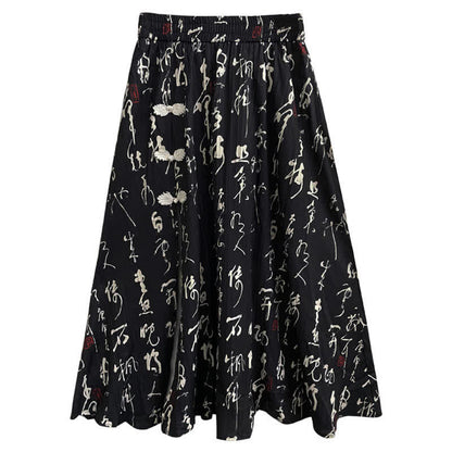 Elegant Character Print Buckle Split Skirt