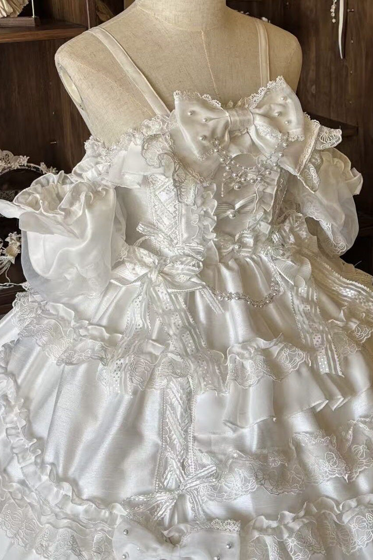 White [Spring Cherry Snowfall] Off Shoulder Short Sleeves Multi-Layered Ruffled Bow Sweet Lolita Jsk Dress