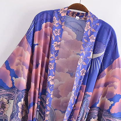 Boho Beach Moon Print Belt Robe Long Cardigan Kimono Outerwear