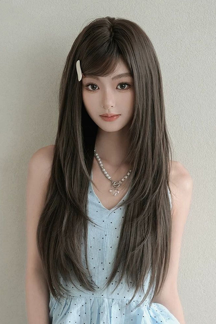 Fluffy Layered Straight Lolita Wig with Air Bangs - Cool Brown