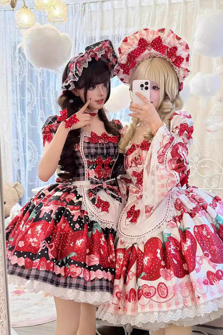 Dream to Strawberry Print Ruffled Bow Lace Sweet Lolita JSK Dress - 4 Colors