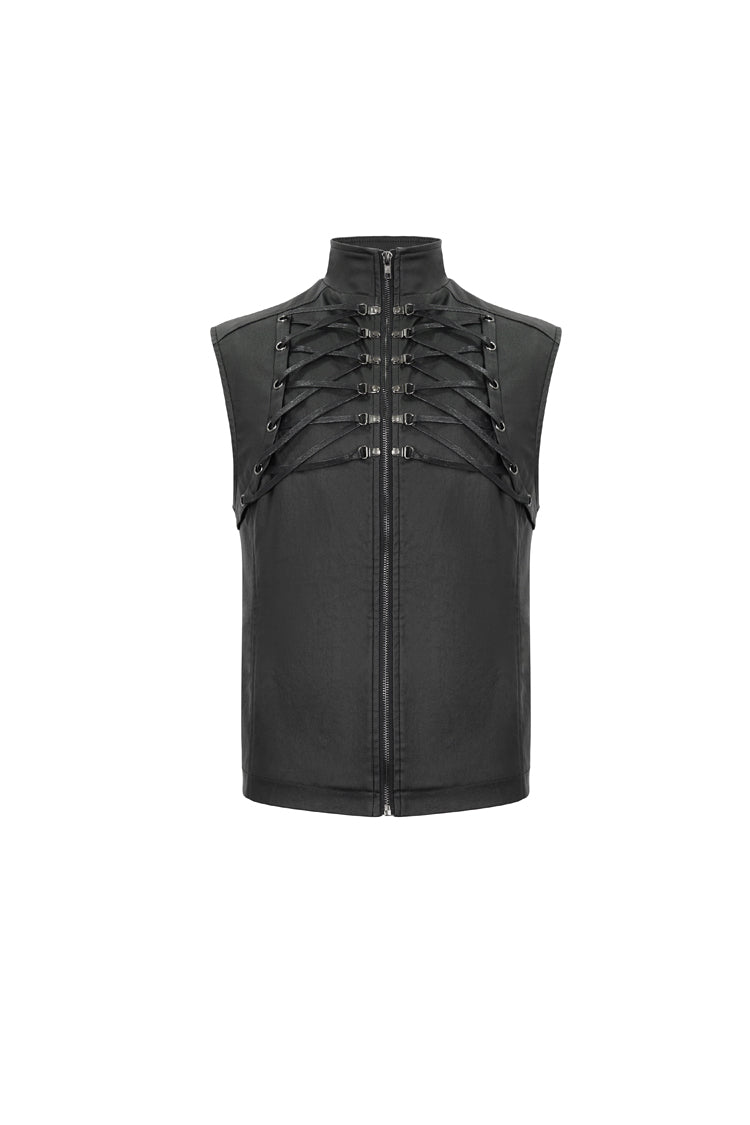 Men's Punk Vest in Black with Front & Rear String, Stretch Cotton & Stand Collar