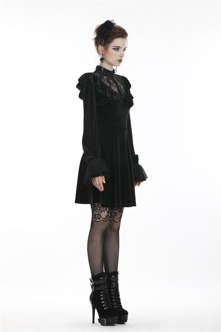 Black V-neck Long Sleeves Ruched Ruffled Lace Women's Lolita Gothic Velvet Dress