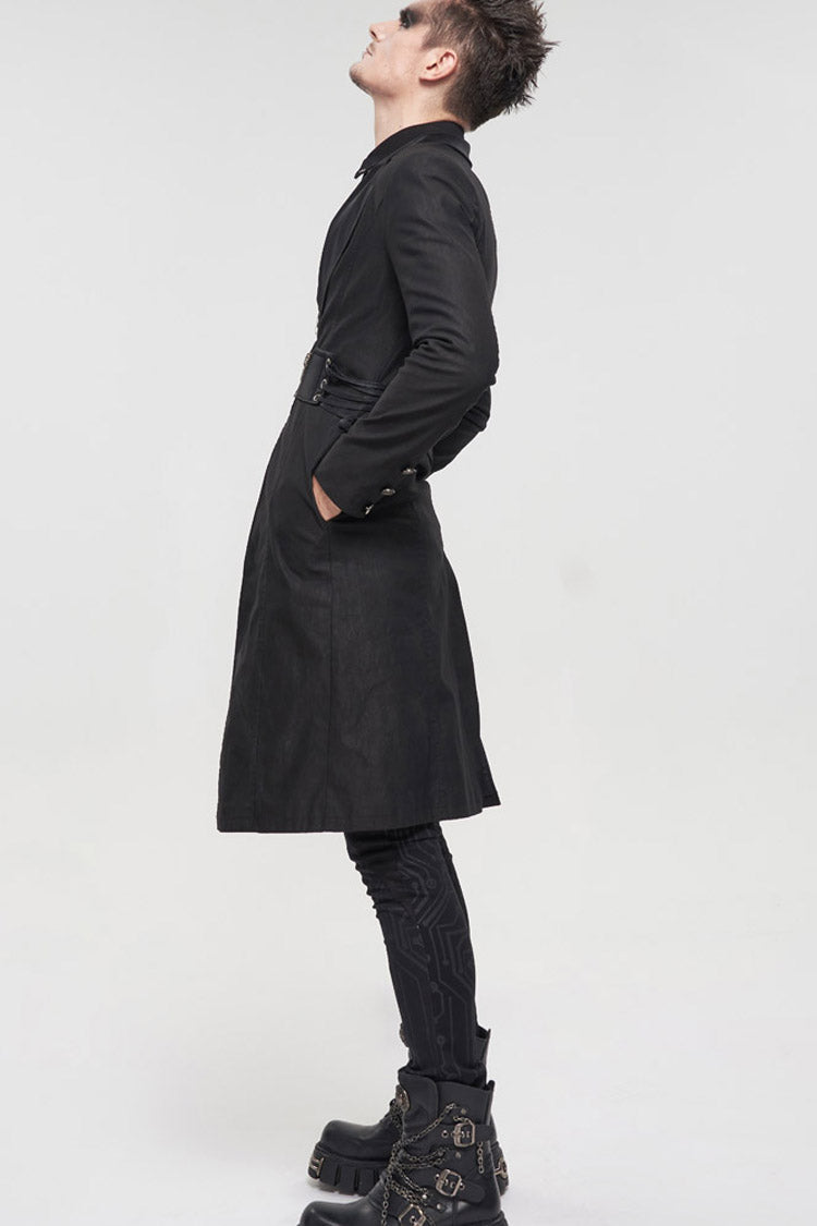 Twill Faux-Leather Pin-Decorated Drawstring Punk Overcoat