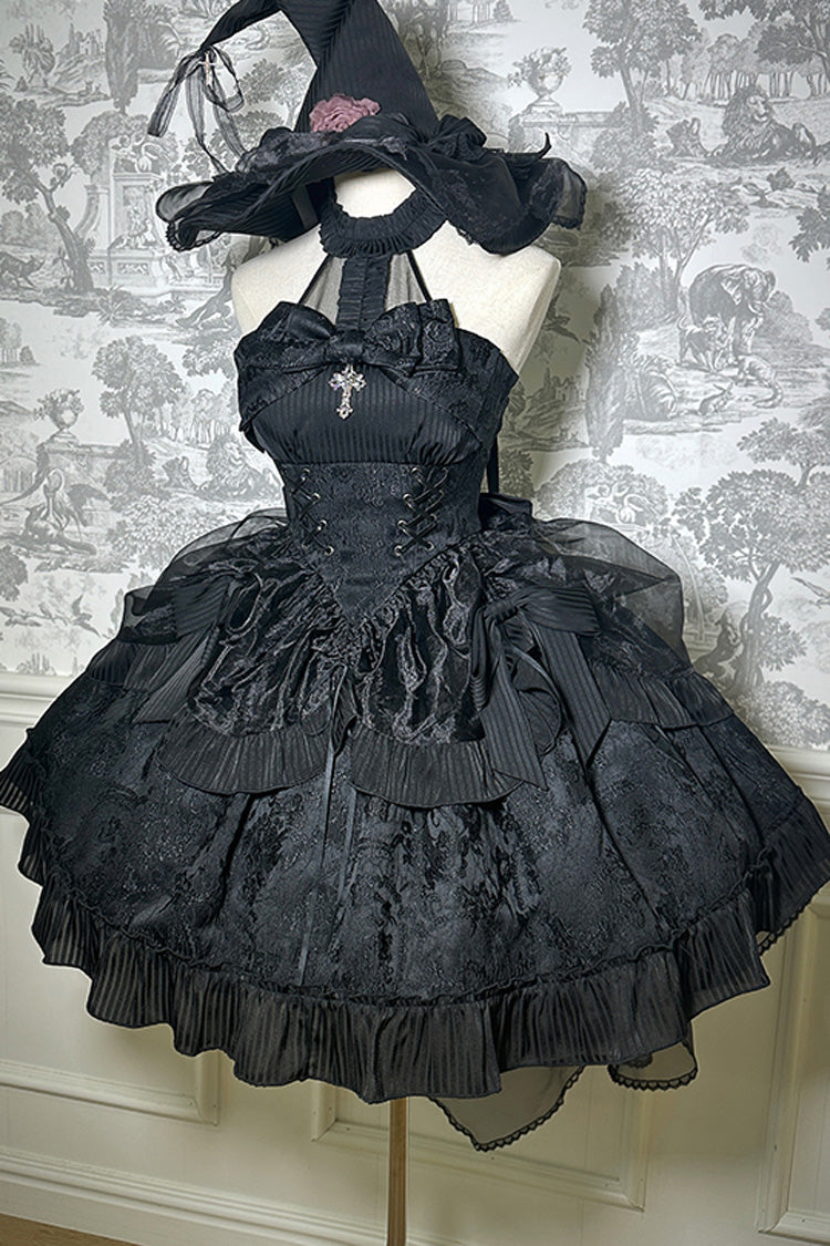 Solid Halterneck Ruffled Bowknot Drawstring Gothic Lolita Dress