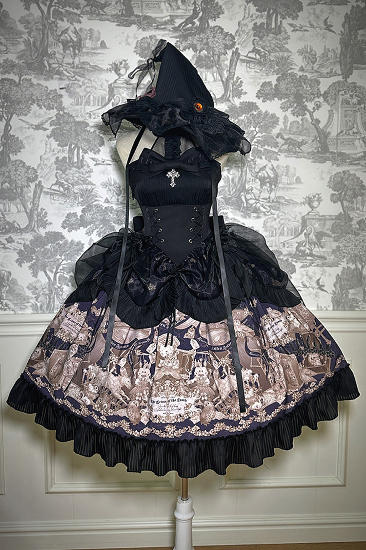Noir Halter Neck Printed Ruffle Bow Drawstring Gothic Dress - The Mystery of The Doll