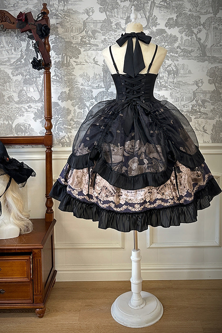 Black Halterneck Print Bowknot Drawstring Gothic Lolita Dress