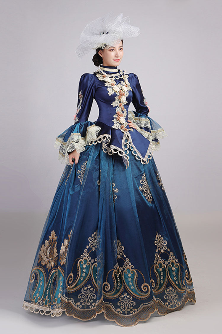 Blue Trumpet Sleeve Victorian Gown - 3D Flower Hollow Embroidery